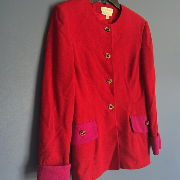 Red and pink Ann Taylor 80’s blazer with gold tone pink buttons size 6 - Picture 2 of 12